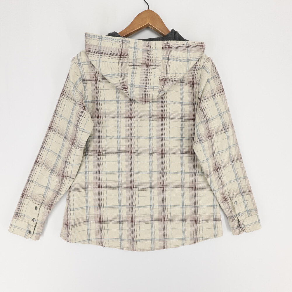 Kuhl Kleo Hoodie Shacket Womens M Cream Plaid Snap Front Fleece Lined Flannel - Picture 2 of 11